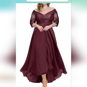 Lace Pleated Tea Length evening Formal Gowns 3/4 Sleeve V Neck Evening